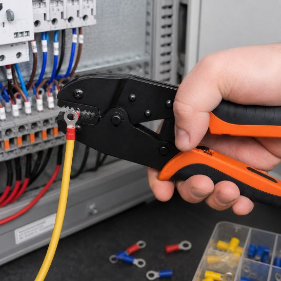 Pince à sertir électrique à cliquet utilisée sur un câble électrique dans un panneau de connexion