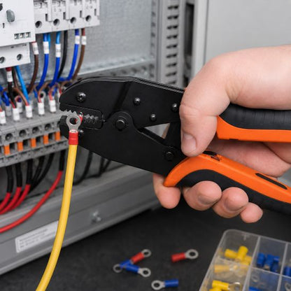 Pince à sertir électrique à cliquet utilisée sur un câble électrique dans un panneau de connexion