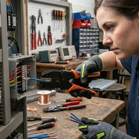 Pince à sertir électrique professionnelle sur une installation électrique